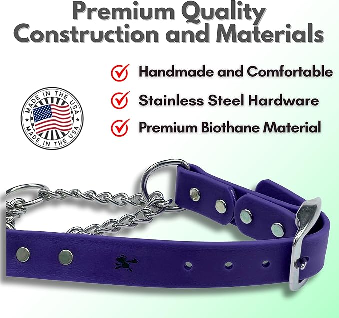 Martingale Collar for Dogs, Biothane, Stainless Steel Hardware, No Pull, Made in The USA, Professional Grade, Large, Purple