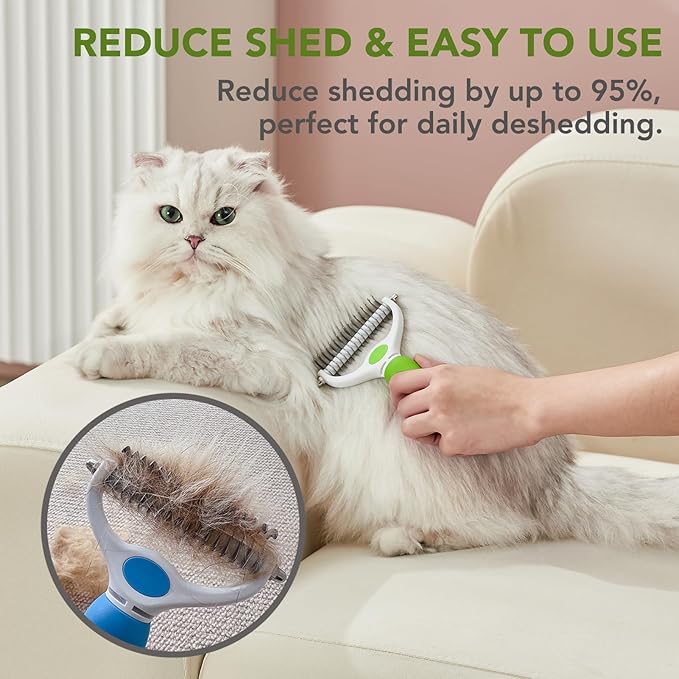 Pet Grooming Brush- Double Sided Dematting and Deshedding Undercoat Rake Brush for Dogs and Cats, Green