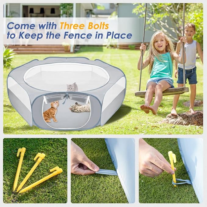 SlowTon Small Animal Playpen Portable - Durable Cat Playpen with Reinforced Mesh, Foldable Pet Playpen Exercise Play Pen with Zipper Top Cover Puppy Fence Kitten Rabbit Ferret Chinchilla (M,Grey)