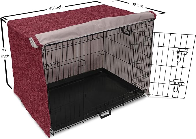 Lunarable Burgundy Dog Crate Cover, Cheerful Nature Inspired Gardening Pattern with Blooming Flowers Ornate Style, Easy to Use Pet Kennel Cover for Medium Large Dogs, 48 Inch, Burgundy Coral