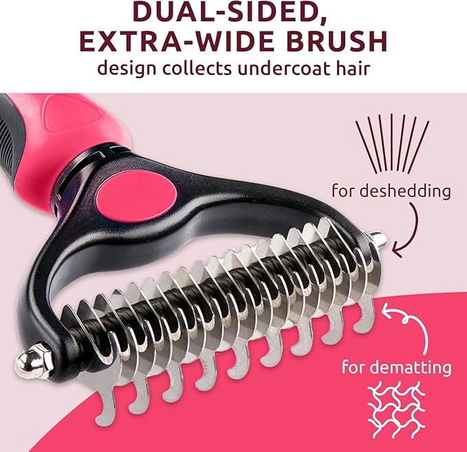 Pat Your Pet Deshedding Brush - Double-Sided Undercoat Rake for Dogs & Cats - Shedding Comb and Dematting Tool for Grooming, Extra Wide (Pink)