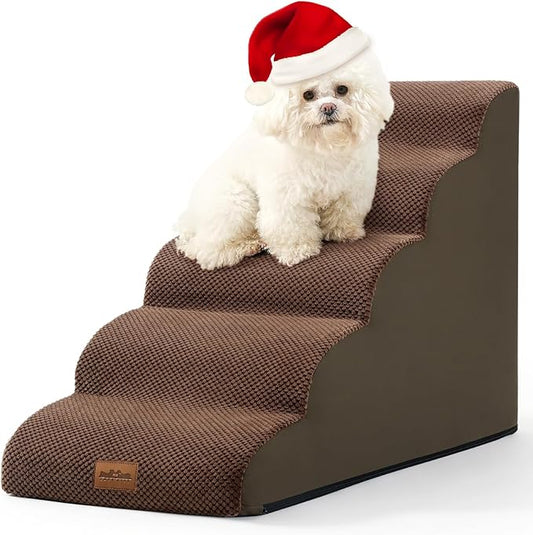 Dog Stairs for High Bed 22.6" H, Small Pet Steps with Leakproof Cover, High Density Foam Cat Ramp for Bed, Car or Couch, Lightweight, Durable, Comfort, 15.7x33x22.6 inch, 5 Tiers, Brown