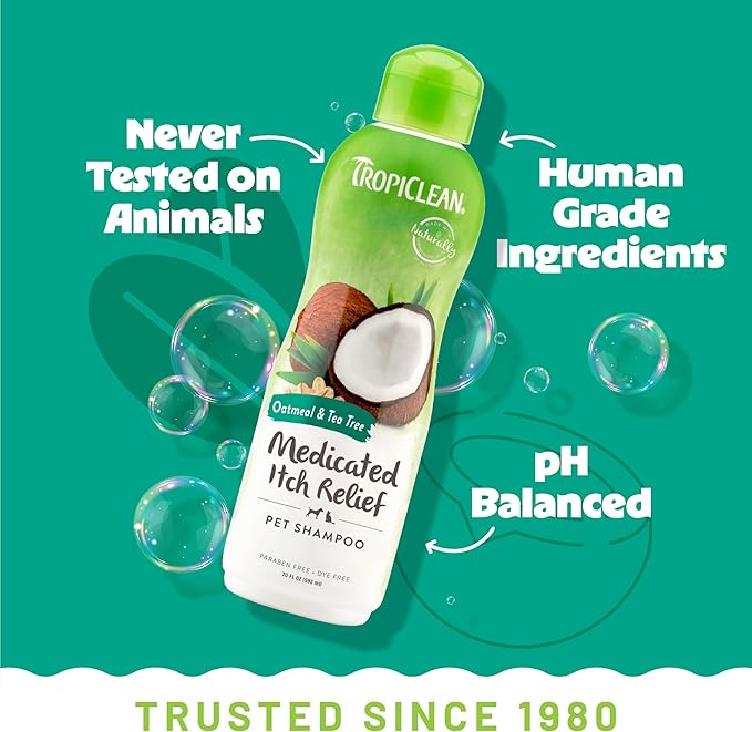 TropiClean Oatmeal Dog Shampoo for Itchy Skin Relief, Soothing Medicated Itch Relief, with Vitamin E, Puppy Safe, Made in USA, Cat Friendly, 20 oz.