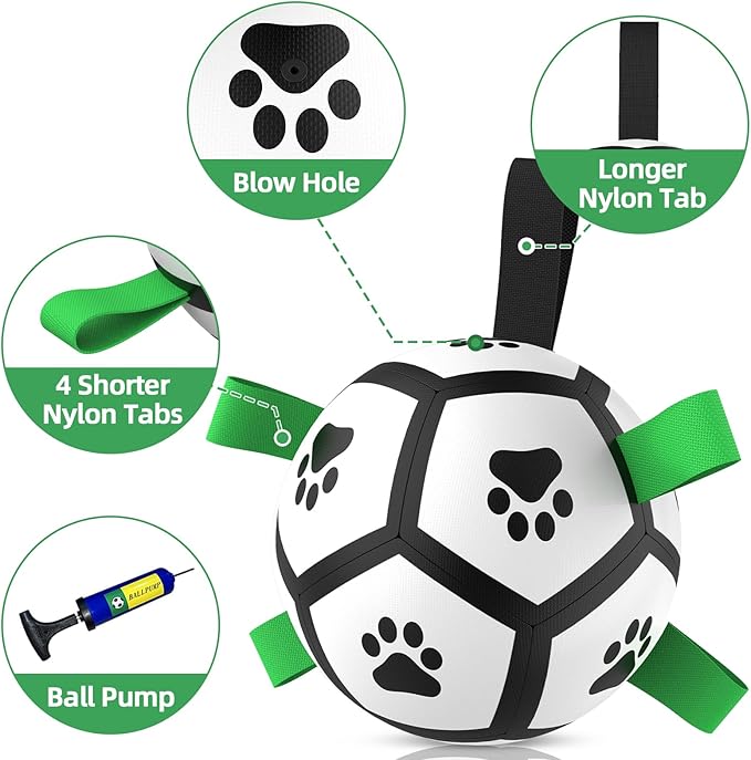 QDAN Dog Toys Soccer Ball with Straps, Interactive Dog Toys for Tug of War, Puppy Birthday Gifts, Dog Tug Toy, Dog Water Toy, Durable Dog Balls World Cup for Small Dogs(5 Inch)