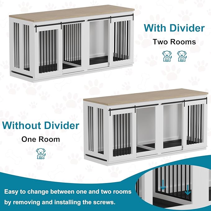 71'' Dog Crate Furniture for 2 Dogs, Wooden Double Dog Crate Large Breed with Cushion, XXL Indoor Dog Kennel Tv Stand End Table with Divider for Large Medium Dogs