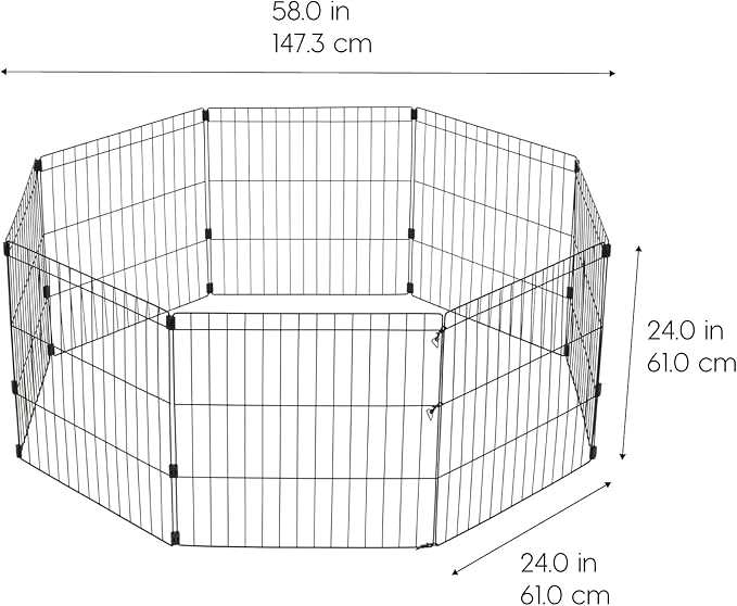 IRIS USA Metal Dog Playpen, 8-Panel 24" Pet Playpen, Puppy Playpen, Indoor/Outdoor Dog Fence, 58 x 58 x 24, Foldable, Customizable, Black