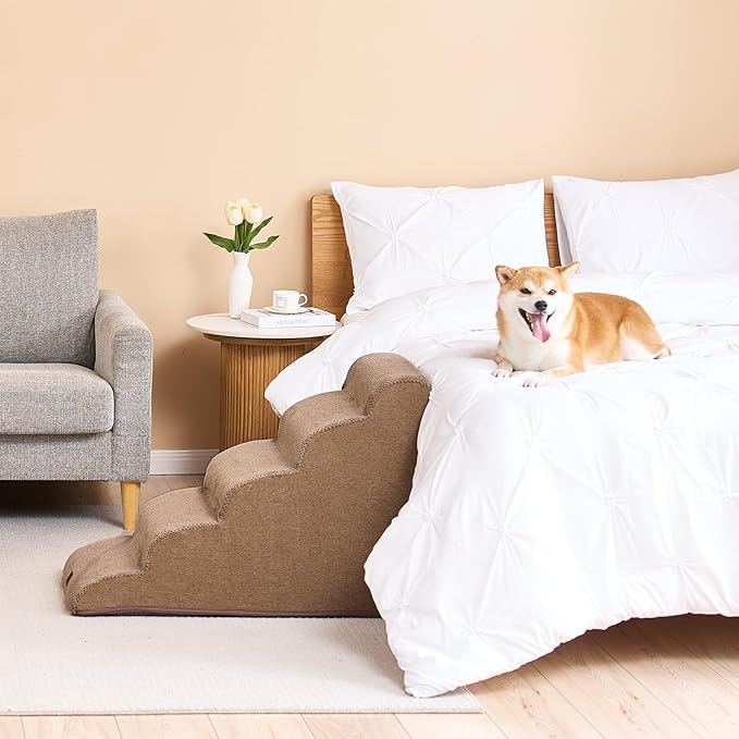 EHEYCIGA Curved Dog Stairs Ramp for High Beds 22.6" H, 5-Step Dog Steps for Small Dogs and Cats, Pet Stairs for High Bed Climbing, Non-Slip Balanced Pet Step Indoor, Camel