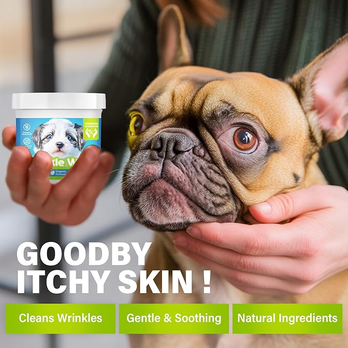 Wrinkle Wipes French Bulldog, Natural Ingredients Dog Face Wipes Dog Wipes for English Bulldog Cleaning & Soothes on Wrinkles, Folds, Tail Pockets