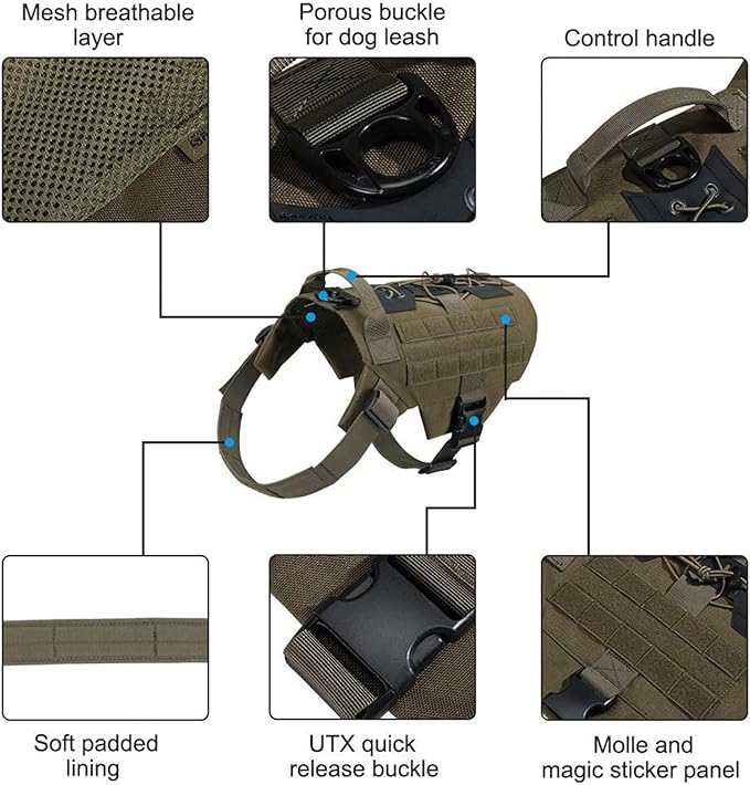 EXCELLENT ELITE SPANKER Dog Harness Tactical Military Dog Harness Adjustable No-Pull Dog Harness Training Hunting Dog Tactical Vest with Handle(RGN-M)