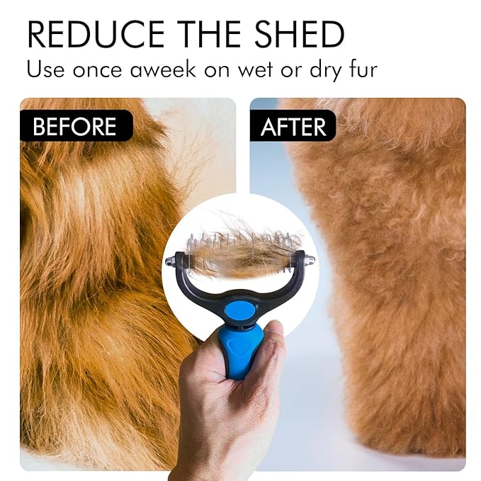 OneCut Pet Grooming Brush and Metal Comb Combo, Pet Grooming Rake and Brushes for Small, Medium & Large Dogs Double Sided Deshedding Tool Removes Knots and Tangled Hair (Blue)