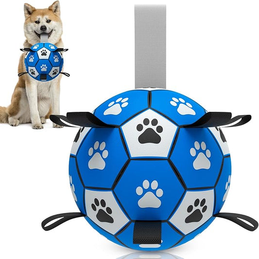 QDAN Dog Ropes Toys Soccer Ball with Straps, Interactive Dog Toys for Tug of War, Puppy Birthday Gifts, Dog Tug Toy, Dog Water Toy, Durable Dog Balls for Small & Medium Dogs-Blue&Grey(6 Inch)