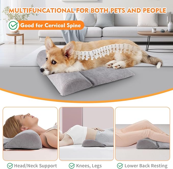 Dog Bolster Pillow with High Resilience Foam, Headrest for Large Dogs, Benefit for Cervical Vertebra and Neck, Easy to Carry, Machine Washable Cover&Easy to Clean(Grey)