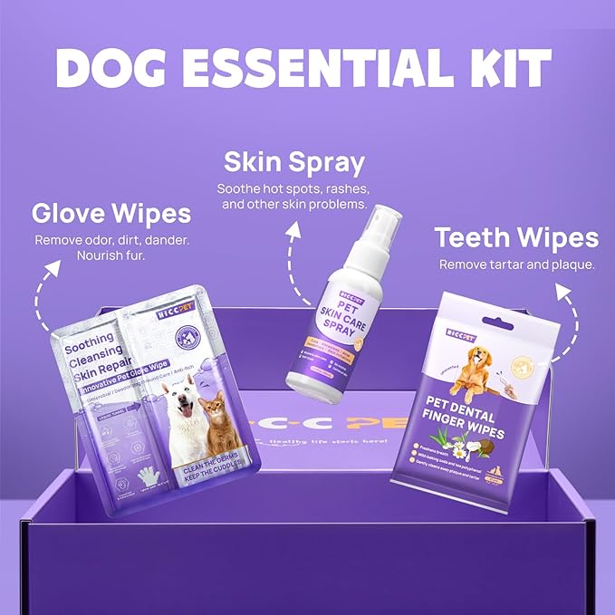 HICC PET Dogs Essential Clean & Care Kit - Pets Hot Spot Treatment & Itch Relief Spray + Cleaning Deodorizing Teeth and Body Wipes for Dogs and Cats - Great for Daily & Travel