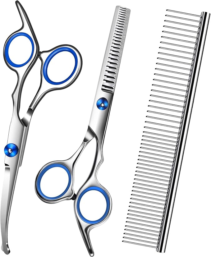 Dog Scissors for Grooming with Safety Round Tip,Dog Grooming Kit,Dog Shears Set,Incude Thinning,Curved Grooming Scissors and Comb for Pets.Suitable for The Right Hand