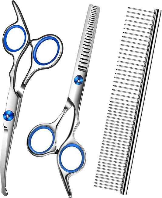 Dog Scissors for Grooming with Safety Round Tip,Dog Grooming Kit,Dog Shears Set,Incude Thinning,Curved Grooming Scissors and Comb for Pets.Suitable for The Right Hand
