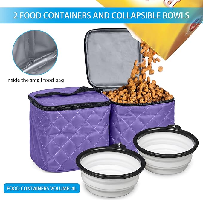 BAGLHER Dog Travel Bag Airline Approved Pet Supplies Backpack, Dog Travel Backpack with 2 Silicone Collapsible Bowls and 2 Food Baskets Purple