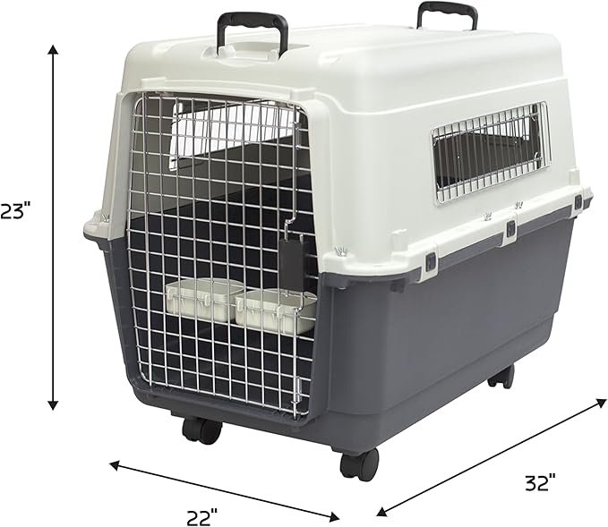SportPet Designs Plastic Kennels Rolling Plastic Wire Door Travel Dog Crate- Large Kennel, Gray