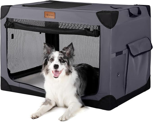 Soft Dog Crate for Large Dogs, 4-Door Foldable Collapsible Dog Crate with Soft Sides, Indoor & Outdoor Travel Dog Kennel, Dark Grey