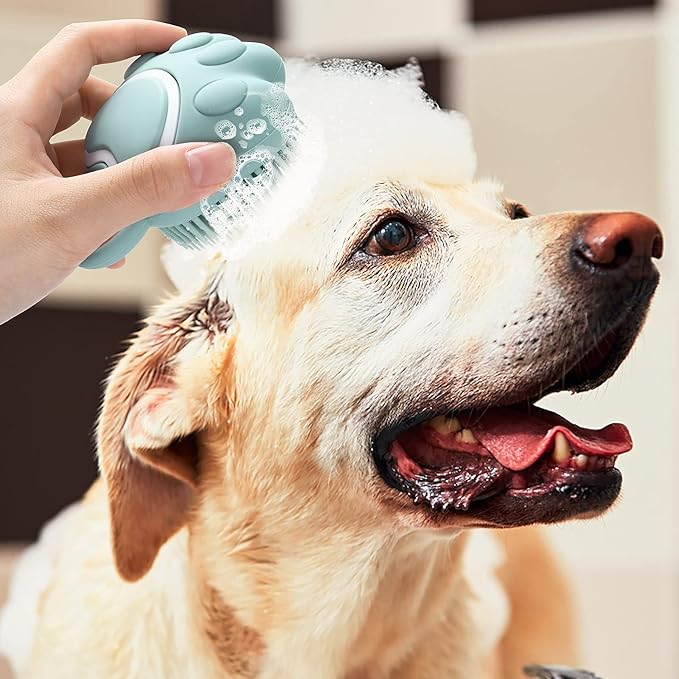 Molain Pet Grooming Brush, Silicone Rubber Dog Bath Brush Comb, Soft Silicone Puppy Massage Brush Hair Fur Grooming Cleaning Brush with Shampoo Dispenser, Blue
