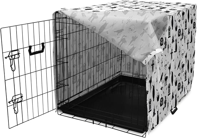 Lunarable Halloween Dog Crate Cover, Horror Pattern Tombstone Kitty Owl Voodoo Trick or Treat Pumpkin, Easy to Use Pet Kennel Cover for Medium Large Dogs, 48 Inch, Grey Black Charcoal