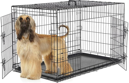Sweetcrispy Dog Crate with Divider Panel, 48 Inch Double Door Folding Metal Wire Dog Cage with Plastic Leak-Proof Pan Tray, Extra Large Pet Kennel for Indoor, Outdoor, Travel