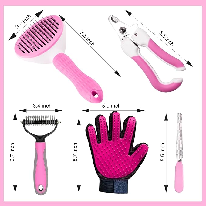 Pet Grooming Kit: Slicker Brush, Dematting Rake, Nail Clipper, Shedding Gloves, and Bag for Dogs and Cats