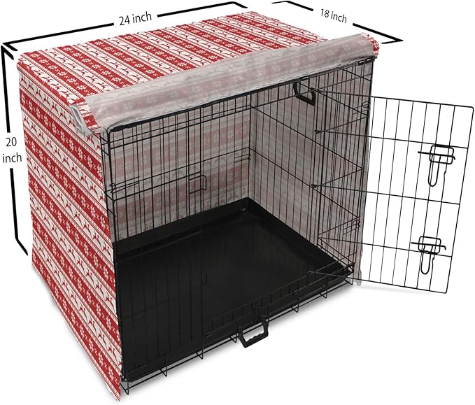Ambesonne Christmas Dog Crate Cover, Xmas Winter Themed Deers Snowflakes in Nordic Pattern Borders and Lines Art, Easy to Use Pet Kennel Cover for Cats & Medium Dogs, 24 Inch, Ruby White