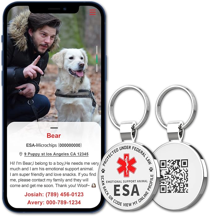 MYLUCKYTAG QR Code ESA Emotional Support Dog ID Tag - Pet Online Profile - Scan QR Receive Instant Pet Location Alert Email