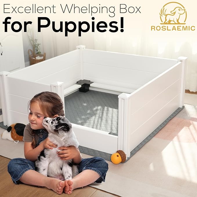 Whelping Box for Dogs and Puppies with Rails, Puppy Whelping Supplies, Suitable for Small Dogs, Guinea Pigs, Bunny, Ferrets, Hedgehogs for Indoors, White