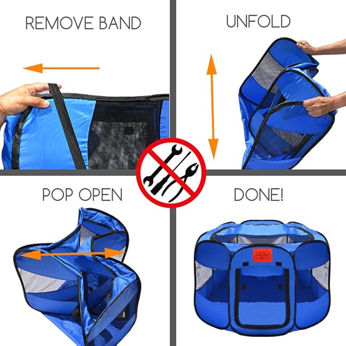 Pop Up Pet Exercise Play Pen Tent Portable Kennel with Weather Resistant Oxford Material, 8 Windows and Removable Zipper Top for Puppies Dogs Kittens Cats Rabbits + More! Includes Bag