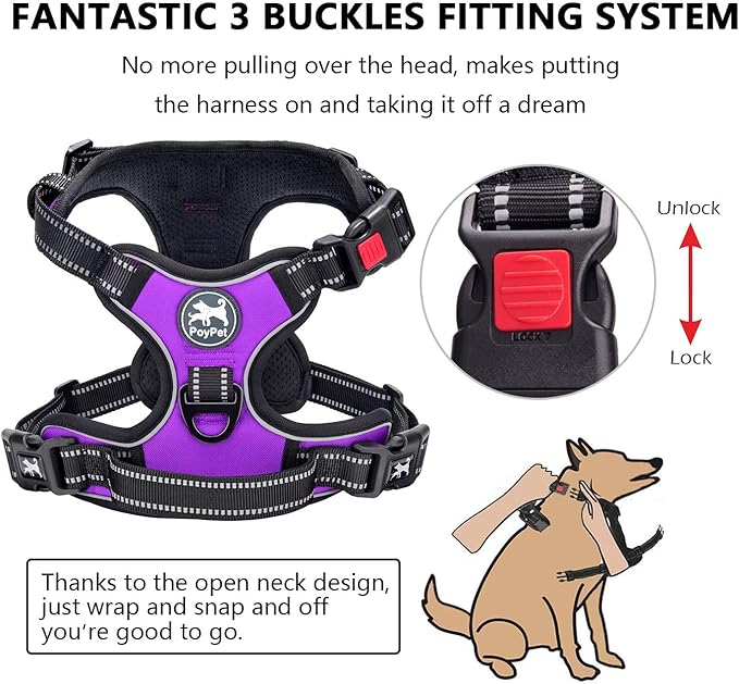 PoyPet Dog Harness No Pull, Reflective Adjustable No Choke Pet Vest with Front & Back Clips, Soft Padded and Control Training Handle for Large Dogs(Purple,XL)