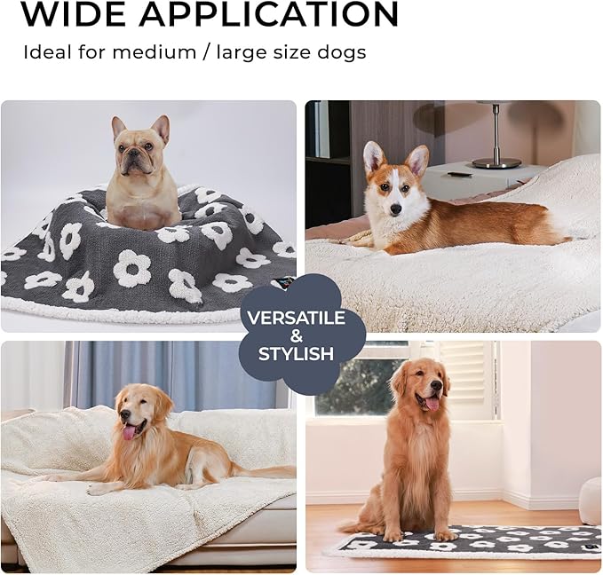 Luciphia Waterproof Dog Cat Blanket Fluffy Thick Fleece Pet Blanket,Washable Double Sided Sherpa Calming Blankets Flower Print Blankets for Medium Large Dogs Cats(Dark Grey,85x57 inches)
