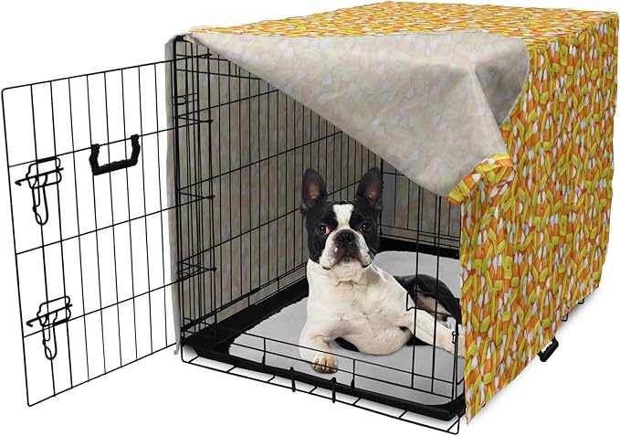 Lunarable Candy Corn Dog Crate Cover, Halloween Design of Cartoon Style Foods Scattered Randomly, Easy to Use Pet Kennel Cover for Small Dogs Puppies Kittens, 22 Inch, Apricot Avocado Green