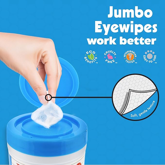 Petkin Jumbo Pet Eye Wipes, 80 Extra Moist Wipes, 2 Pack - Natural Formula Gently Removes Dirt, Discharge, & Tear Stains - Safe, Convenient, & Easy to Use Pet Wipes for Dogs, Cats, Puppies & Kittens