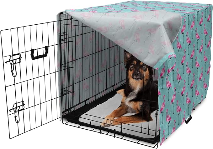 Lunarable Turquoise Dog Crate Cover, Repetitive Pink Flamingos on Wavy Water Background Vivid Colors Graphic, Easy to Use Pet Kennel Cover for Medium Large Dogs, 36 Inch, Pink Seafoam