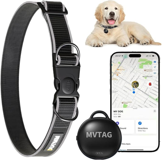 GPS Dog Collar - Unlimited Range/Tracking Device/Lost Mode for Dogs - Adjustable Size (30-42CM) - Black - Compatible with Apple Find My (iOS only)