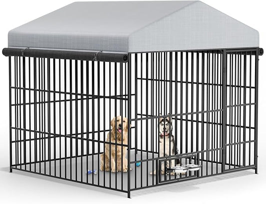 Outdoor Dog Kennel - 6.6 x 6.6 x 6.4 ft Outside Dog Kennel with Roof, Large Dog Outdoor Kennel with Rotating Feeding Bowls for Medium Small Dogs