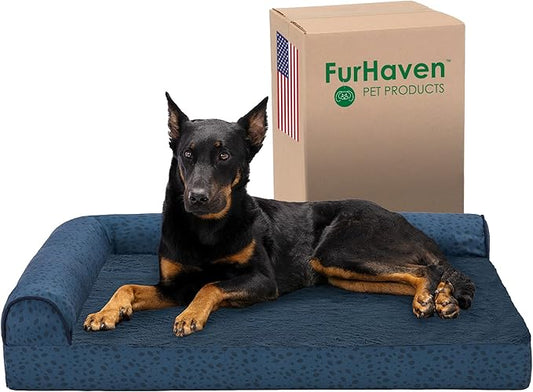 Furhaven Orthopedic Dog Bed for Large Dogs w/ Removable Bolsters & Washable Cover, For Dogs Up to 95 lbs - Plush & Almond Print L Shaped Chaise - Blue Almonds, Jumbo/XL