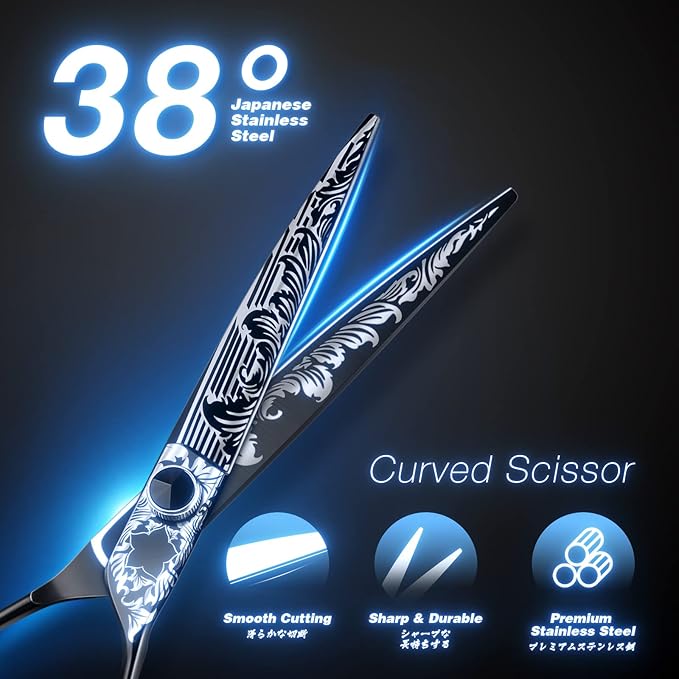 JASON 7" Curved Dog Grooming Scissors, Ergonomic Pets Grooming Thinner Blender Shears Cat Trimming Texturizing with Offset Handle, Stainless Steel, Light Weight, Sharp, Safe, Comfortable