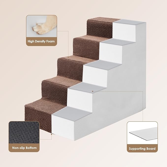 EHEYCIGA Dog Stairs for High Bed 22.5”H, 5-Step Dog Steps for Bed, Pet Steps for Small Dogs and Cats, Non-Slip Balanced Dog Indoor Ramp, Brown