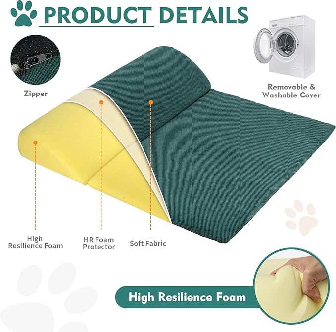 Dog Cat Bolster Pillow with High Resilience Foam, Headrest for Large Dogs, Benefit for Cervical Vertebra and Neck, Easy to Carry, Machine Washable Cover&Easy to Clean(Green)