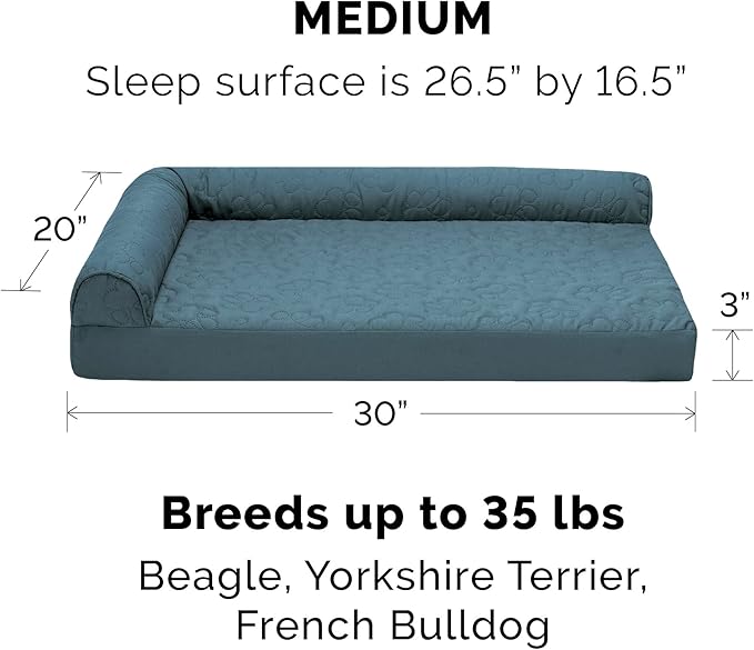 Furhaven Orthopedic Dog Bed for Medium/Small Dogs w/ Removable Bolsters & Washable Cover, For Dogs Up to 35 lbs - Pinsonic Quilted Paw L Shaped Chaise - Bluestone, Medium