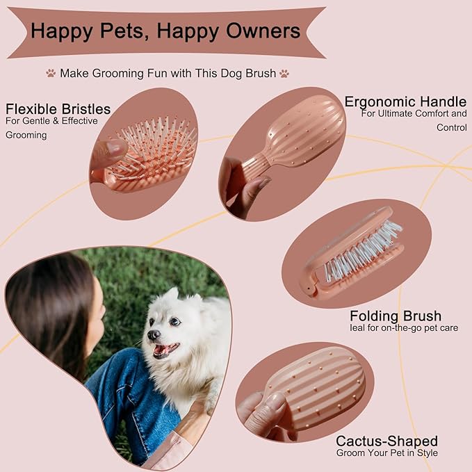 Foldable Cactus Puppy Brush Small Dogs Soft Bristles Grooming Tool Yorkie Shih Tzu Maltipoo Maltese (Pink)