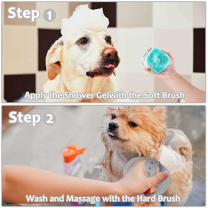 ELEGX Pet Grooming Bath Massage Brush with Soap and Shampoo Dispenser Soft Silicone Bristle for Long Short Haired Dogs Cats Shower (3 PCS(Yel+Blu+Hard Brush))