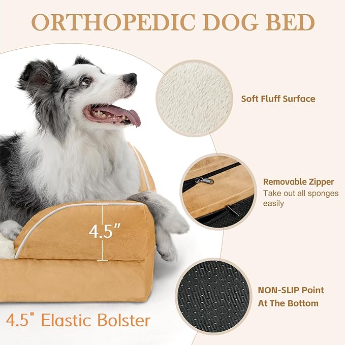 Large Dog Beds Waterproof, Orthopedic Dog Beds for Large Sized Dogs, Comfy Pet Bed Sofa with Washable Removable Cover & Non-Slip Bottom(Large,Khaki)