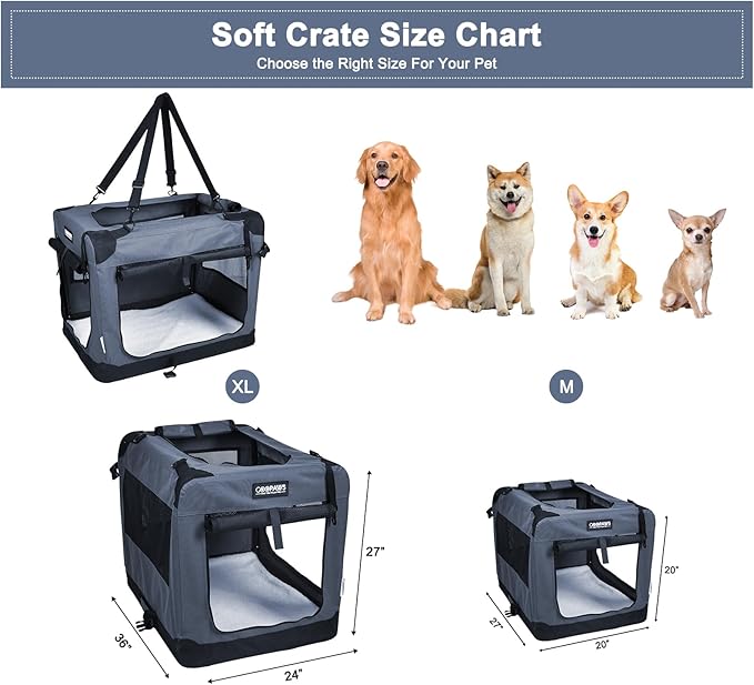 JESPET Soft Dog Crates Kennel for Pets, 3 Door Soft Sided Folding Travel Pet Carrier with Straps and Fleece Mat for Dogs, Cats, Shale Green, 36'' (2-Grey, X-Large(36" L x 24" W x 27" H))