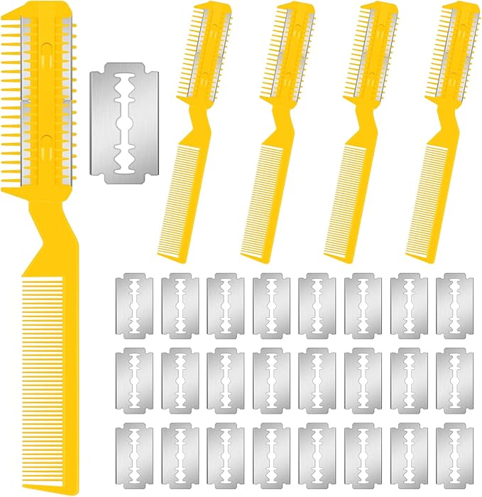Yinkin 5 Pieces Razor Comb for Dogs Hair Grooming Trimmer for Pet Razor Comb with 25 Extra Blades Manual Dog Hair Trimmer Double Edge for Cats Hair Cutting Tool(Yellow)