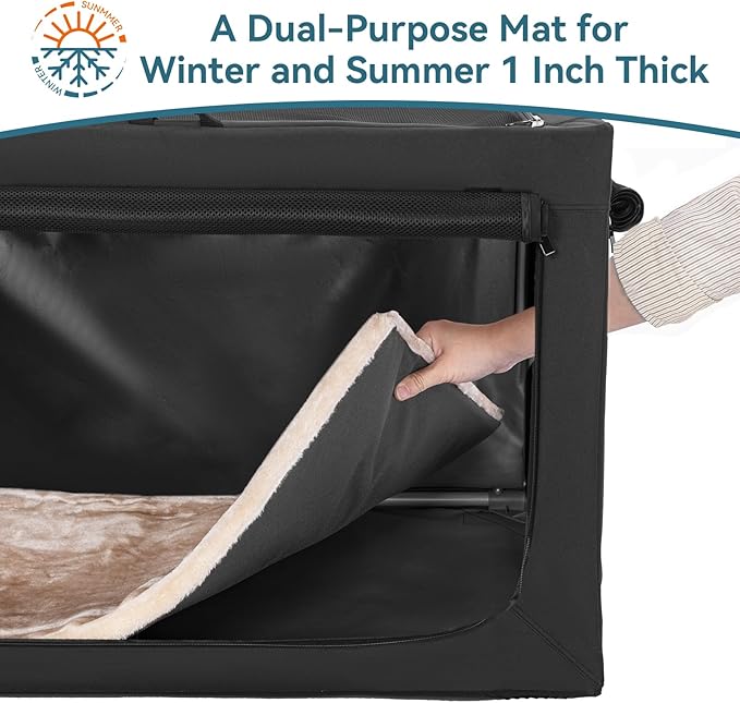 Petsfit Collapsible & Portable Dog Crate, 3-Door wth Fleece Bed, Soft-Sided Dog Crate, Huge Ventilation Pet Home Black 30 inch