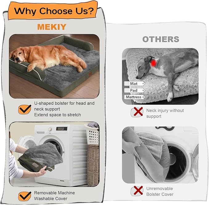 Large Dog Bed Orthopedic Washable - XXL Large Big Dogs - Waterproof with Removable Cover - Memory Foam - Beds Bolster Pet - Dog Couch Sofa Bed - Dark Green Dog Bed