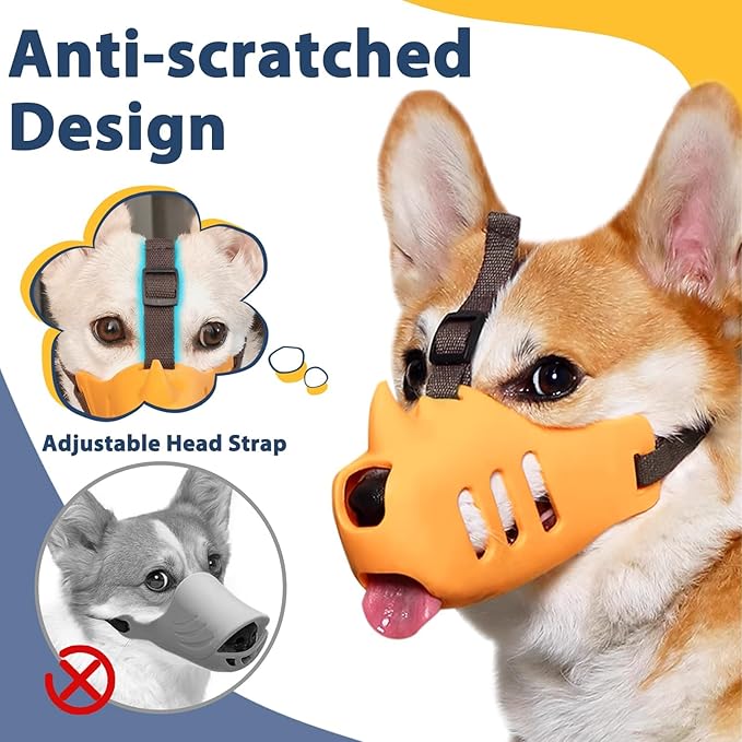 LUCKYPAW Dog Muzzle Soft Muzzle for Small Medium Dog Poodle Dachshund Breathable Silicone Cage Muzzle for Biting Chewing Funny Rhino Muzzle with Adjustable Strap (Yellow, L-(Snout Cir:8.25-9in)